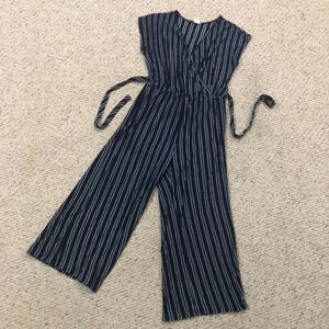 Caution To The Wind Blue Striped Faux Wrap Sleeveless Cotton Jumpsuit Sz Large